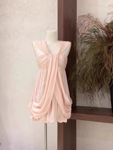 A Line Ruffled Chiffon Pink Short Women's Holiday Dresses SD209